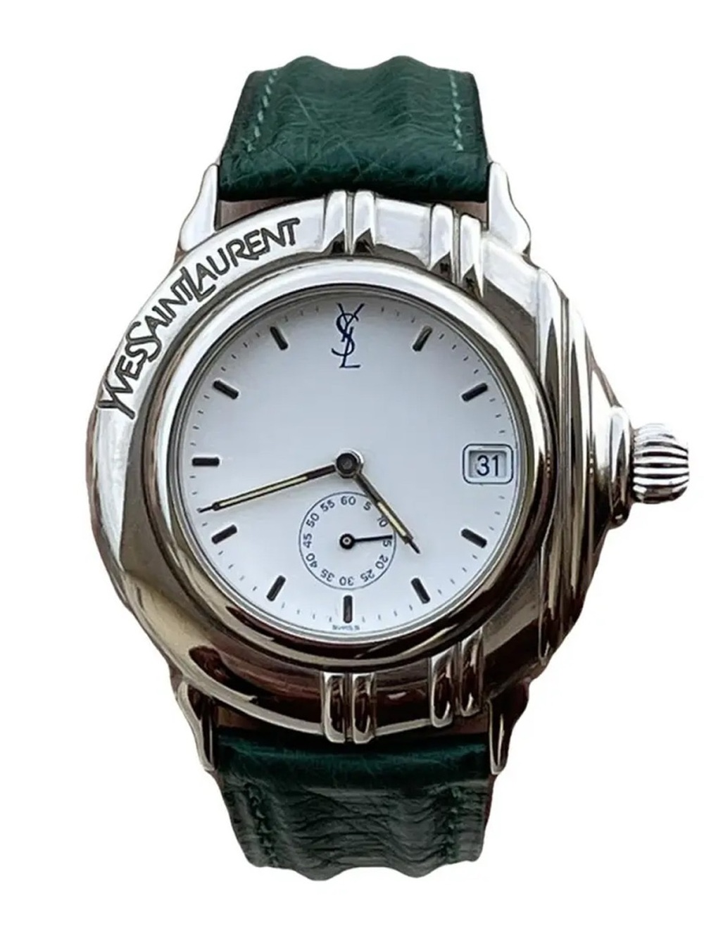Yves Saint Laurent Silver Case Watch with White Dial and Green Strap